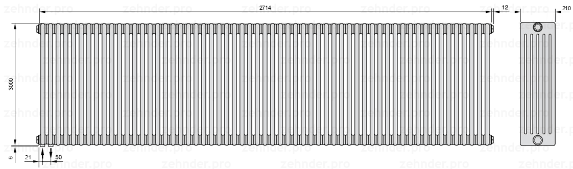 Схема (чертеж) Радиатор Zehnder Charleston 6300/59 №3370 Белый глянцевый RAL 9016